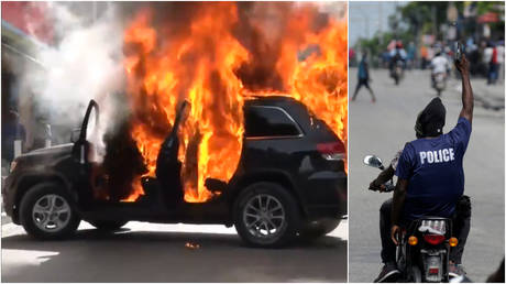 (L) A car burns during a police-led demonstration in Port-au-Prince, Haiti, September 14, 2020; (R) A protester fires a gun in Port-au-Prince.