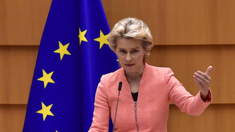 The President of the European Commission Ursula Von der Leyen addresses her first state of the union speech during a plenary session at the European Union Parliament in Brussels on September 16, 2020.