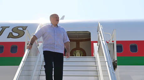 Belarusian President Alexander Lukashenko at an airport in Sochi, Russia September 14, 2020