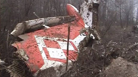 Part of the tail of a Polish government Tu-154 aircraft after it crashed near Smolensk airport in western Russia April 10, 2010.