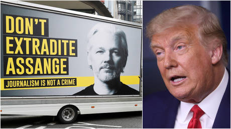 FILE PHOTOS: (L) Supporters of Julian Assange are seen outside the Old Bailey court ahead of a hearing to decide whether Assange should be extradited to the US, in London, Britain. (R) US President Donald Trump at a White House news conference.