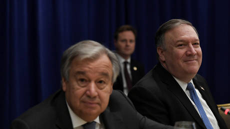 FILE PHOTO: United Nations Secretary General Antonio Guterres and U.S. Secretary of State Mike Pompeo