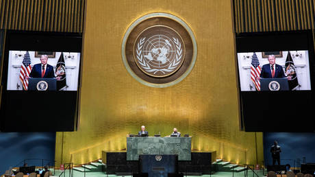 US President Donald Trump speaks during the 75th annual U.N. General Assembly, which is being held mostly virtually due to the coronavirus disease (COVID-19) pandemic in the Manhattan borough of New York City, New York, U.S., September 22, 2020