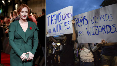 (L) J.K. Rowling © REUTERS / Gonzalo Fuentes; (R) Anti-government protesters hold signs calling out J.K. Rowling's transphobic twitter comments as they take part in a Harry Potter themed rally in front of Democracy Monument on August 3, 2020 in Bangkok, Thailand.