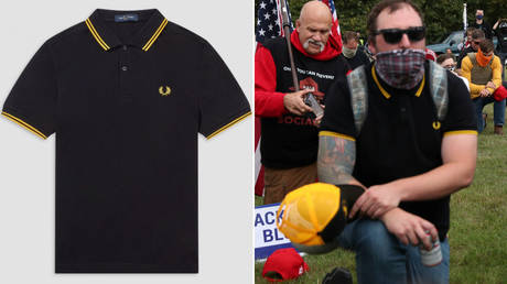 (L) © Fred Perry UK; (R) A Proud Boys supporter prays at a rally in Portland, Oregon, U.S., September 26, 2020. © REUTERS/Leah Millis