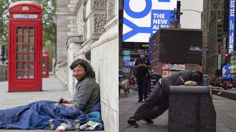 (L) A homeless man in the Westminster area under lockdown on April 27, 2020 in London, UK during the coronavirus pandemic. © Icon Sportswire via Getty Images/Erica Dezonne/PxImages (R) Homeless man sleeps standing in Times Square, September, 25 2020 © Mitchell Feierstein