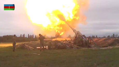 Azeri artillery firing on Nagorno-Karabakh, in still image from video released by Azerbaijan's Defence Ministry, September 28, 2020.