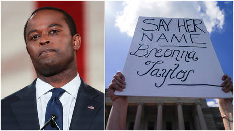 FILE PHOTOS: (L) Kentucky Attorney General Daniel Cameron addresses the 2020 Republican National Convention; (R) A person holds a sign as people gather following the death of Breonna Taylor, at the Capitol in Frankfort, Kentucky.