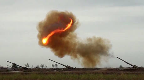 An image grab allegedly shows the Azeri artillery strike towards Nagorno-Karabakh © AFP/Azerbaijani Defence Ministry