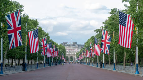 British and American flags line Pall Mall leading to Buckingham Palace. June 3, 2019 in London, England