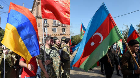 Tempers are boiling over in Armenia and Azerbaijan amid clashes in Nagorno-Karabakh © Photolure via Reuters / Melik Baghdasaryan; AFP / Tofik Babayev