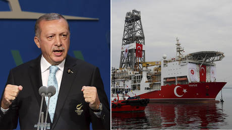 (L) Prime Minister of Turkey, Recep Tayyip Erdogan. © Getty Images/Ian Walton; (R) Turkish drilling vessel Yavuz sets sail in Izmit Bay, on its way to the Mediterranean Sea, off the port of Dilovasi, Turkey, June 20, 2019. © REUTERS/Murad Sezer