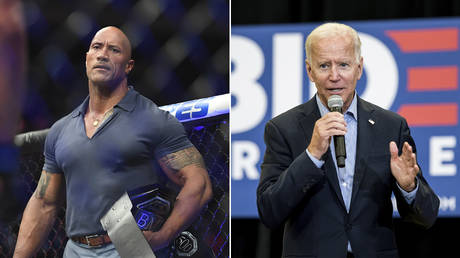 (L) Dwayne The Rock Johnson © Sarah Stier-USA TODAY Sports; (R) Joe Biden © Getty Images/Sean Rayford