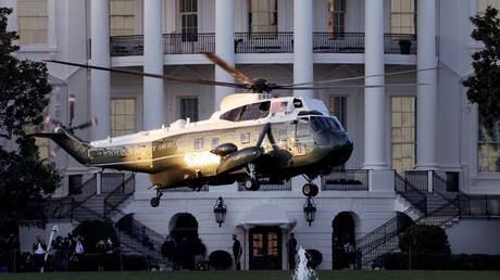 Marine One carries US President Donald Trump away from the White House on the way to Walter Reed National Military Medical Center, October 2, 2020