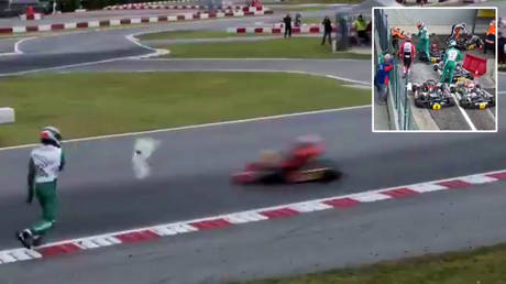 Luca Corberi (left) threw his bumper at the FIA World Karting Championships and then appeared to attack his rival (right) Twitter / racefansdotnet / EstagiariodaF1