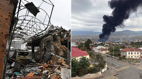 The aftermath of rocket artillery strikes in Ganja (L) and Stepanakert (R) © Sputnik / Mikhail Voskresenskii / RIA Novosti