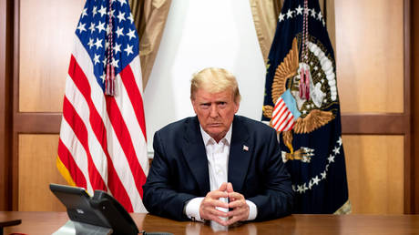 US President Donald Trump during the October 4, 2020 conference call at Walter Reed National Military Medical Center in Bethesda, Maryland