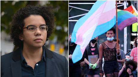 Keira Bell (L), protesters for transgender rights (R) © Global Look / Howard Jones / John Lamparski