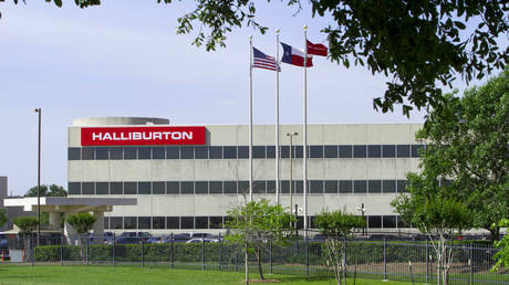 FILE PHOTO. The company logo of Halliburton oilfield services corporate offices is seen in Houston, April 6, 2012.