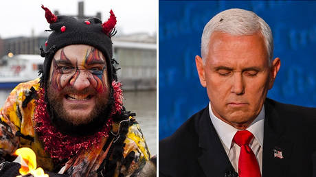 A man dressed as 'Beelzebub', known as the 'Lord of the Flies'. © Global Look Press/Zuma Press/Matt Cetti-Roberts; Mike Pence during debate in Salt Lake City. © AFP / Eric Baradat