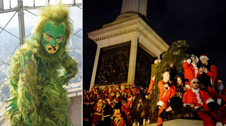 (L) A person in a Grinch costume. © Bryan Smith; (R) Christmas celebration in London in 2017. © Zuma Press via Global Look Press / Jay Shaw Baker