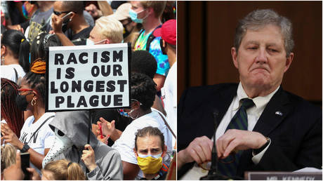 FILE PHOTOS: (L) Protestors stand with signs at a demonstration in Washington, DC;(R) Sen. John Kennedy at a Senate hearing in Washington, DC, October 12, 2020.