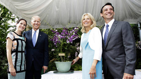 FILE PHOTO: Joe Biden and his wife Jill Biden, pose for a photo with their daughter Ashley and son-in-law Dr. Howard Krein at the National Orchid Garden in Singapore.