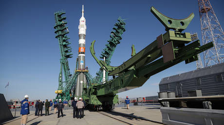 The Soyuz 2.1A carrier rocket with the Soyuz MS-17 spacecraft carrying Expedition 64 crew members, NASA astronaut Kathleen Rubins and Roscosmos cosmonauts Sergey Ryzhikov and Sergey Kud-Sverchkov