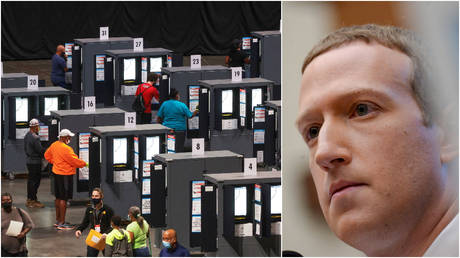 FILE PHOTOS: (L) People cast their ballots during early voting for the upcoming presidential elections in Atlanta, Georgia; (R) Facebook CEO Mark Zuckerberg testifies at a House hearing in Washington, DC.