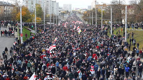 People attend an opposition rally to reject the presidential election results in Minsk, Belarus on October 18, 2020.