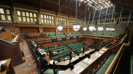 A view of the Commons Chamber as MPs and viewers observe COVID-19 social distancing during question period in London, Britain June 3, 2020