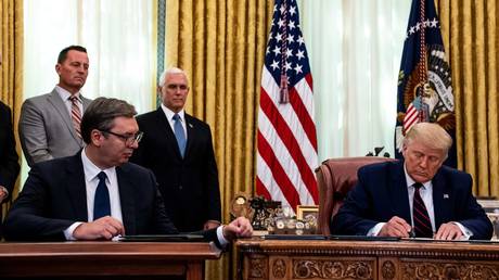 Serbian President Aleksandar Vucic and US President Donald Trump at a signing ceremony in the White House on September 4, 2020 in Washington