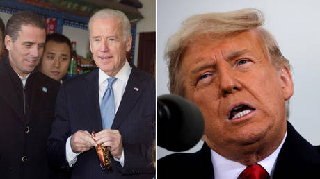 (L) Hunter Biden is shown on a 2013 trip to Beijing with his father, then-Vice President Joe Biden. (R) President Donald Trump, shown at a rally Saturday in Michigan, is calling for a special prosecute to investigate alleged influence peddling by the Bidens. © Reuters