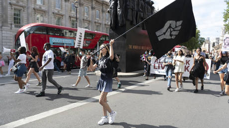 FILE PHOTO: Protesters takes part in a demonstration for the All Black Lives Matter movement in London, United Kingdom on August 02, 2020