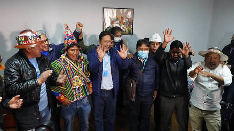 Luis Arce celebrates with supporters during a press conference following the general election victory of MAS (Movement Towards Socialism) on October 19, 2020 in La Paz, Bolivia