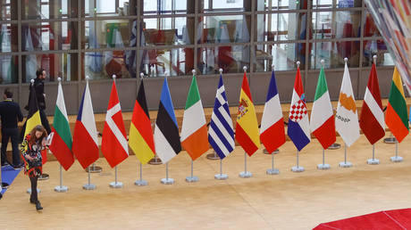 Flags of Europe or European Flag is the symbol of Council of Europe CoE and The European Union EU as seen with National flags of European Nations in Forum Europa Building at the Belgian capital Brussels. February 21, 2020