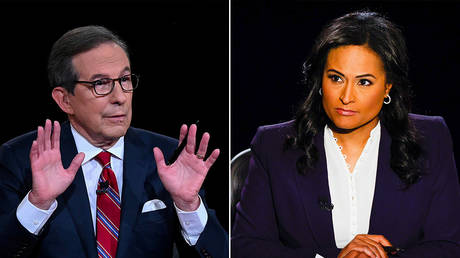 Chris Wallace during the first 2020 presidential debate © REUTERS/Olivier Douliery; Kristen Welker during the second 2020 presidential debate © REUTERS/Jim Bourg