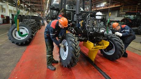 Production of "Belarus" tractors on the main conveyor of the Minsk tractor plant.