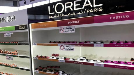 Empty shelves are seen where French products were displayed, after Kuwaiti supermarkets' boycott on French goods on October 25, 2020.