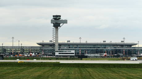 Terminal 1 and the Airport Tower of Berlin Brandenburg Airport (BER), also called "Willy Brandt", ahead of its opening in Schoenefeld near Berlin