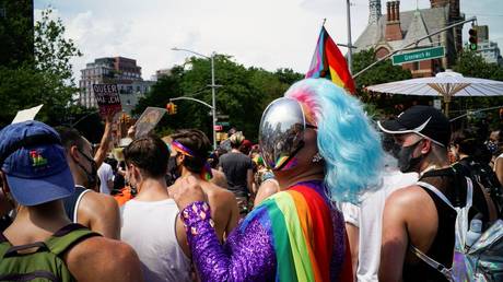Demonstrators take part in a joint LGBTQ and Black Lives Matter march on the 51st anniversary of the Stonewall riots in New York City, New York, U.S. June 28, 2020