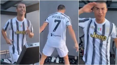 Cristiano Ronaldo pounded on a treadmill before wishing his Juventus teammates well in their game against Barcelona. © Instagram @cristiano