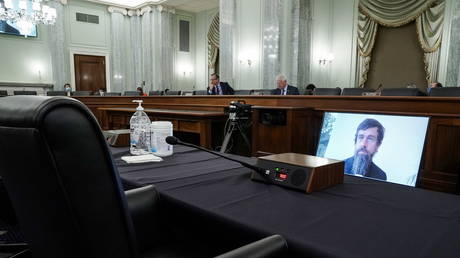 CEO of Twitter Jack Dorsey testifies remotely during the Senate Commerce, Science, and Transportation Committee hearing 'Does Section 230's Sweeping Immunity Enable Big Tech Bad Behavior?', on Capitol Hill in Washington, DC, U.S., October 28, 2020