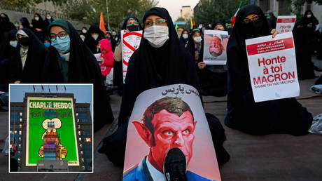 Iranian women protest the publications of a cartoon of Prophet Mohammad in France and French President Emmanuel Macron's comments outside the French embassy in Tehran Iran October © Majid Asgaripour / WANA (West Asia News Agency) via REUTERS; inset © AFP / Pascal GUYOT