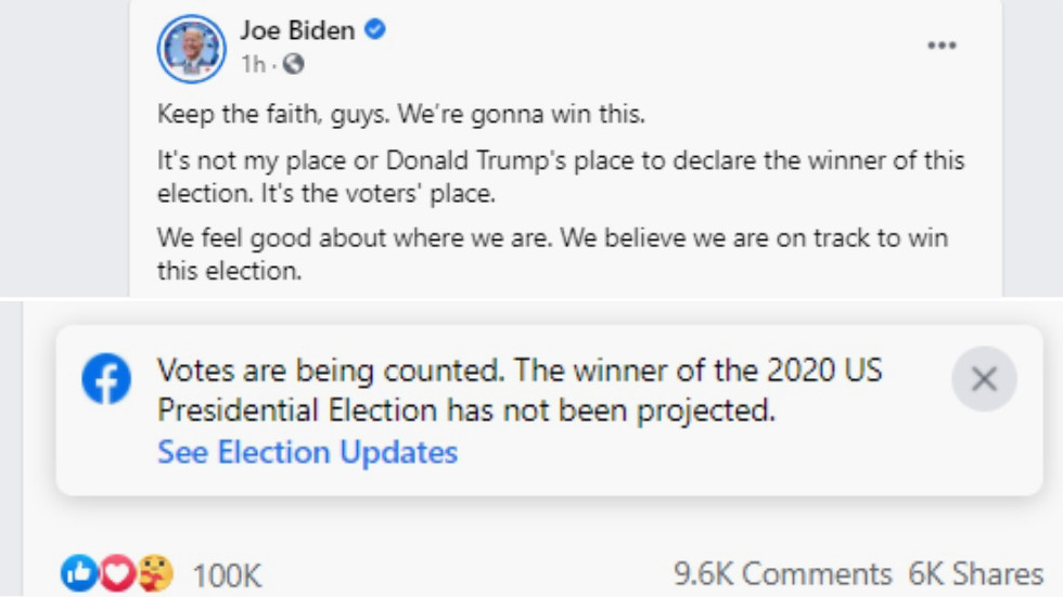 Facebook flags Joe Biden’s ‘We’re gonna win this’ post & reminds that votes have not been counted yet