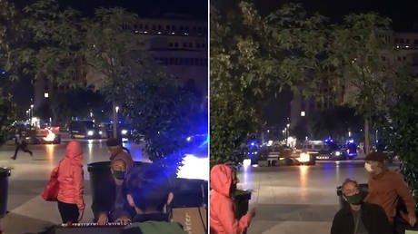 WATCH: Unfazed pianist plays his heart out as street BURSTS INTO FLAMES and EXPLOSIONS ring out at Barcelona anti-lockdown clashes