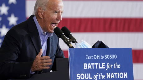 Democratic presidential candidate Joe Biden speaks at a campaign event in Cleveland, Ohio, November 2, 2020.