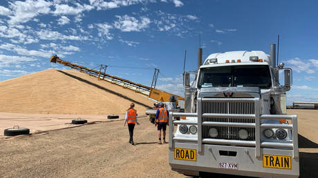 Wheat is unloaded from a truck at the CHS Broadbent grains storage facility in Moree, Australia