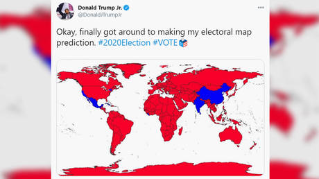 Bizarro-world: Don Jr tweets &lsquo;electoral map&rsquo; prediction where Antarctica goes to Trump, but Liberia & India fall to Biden