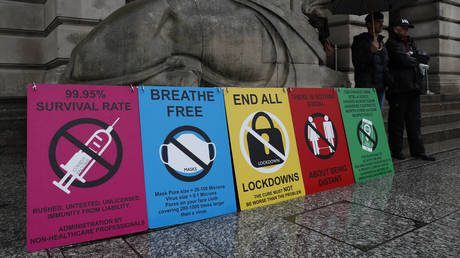 Anti-lockdown protest placards at City Hall in Nottingham, England on October 29, 2020